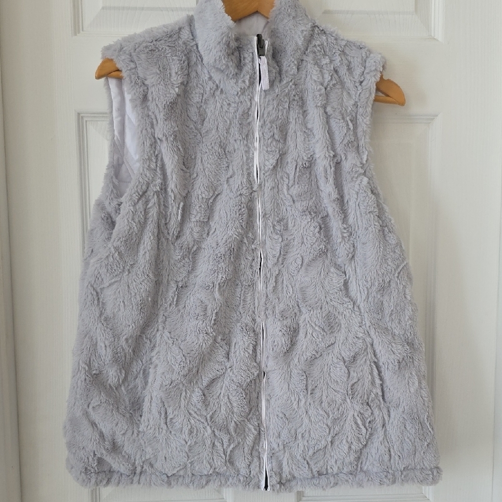Free Country Women's White Quilted Or Grey Fur Reversable Zip Up Vest Pockets L - Picture 7 of 10